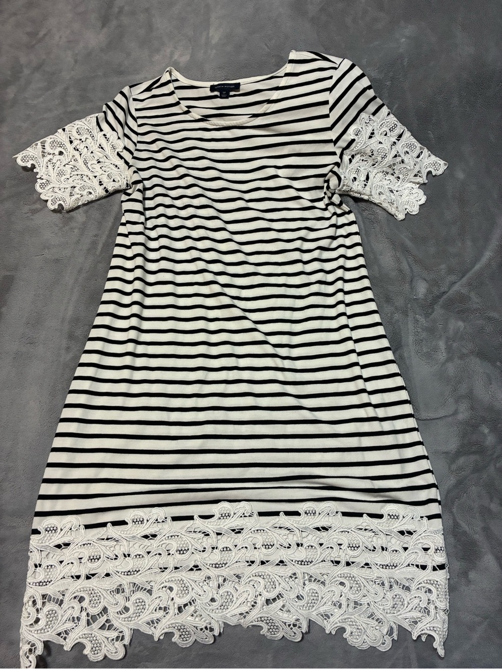 Tommy Hilfiger Black & White Striped Midi Dress with Lace Trim